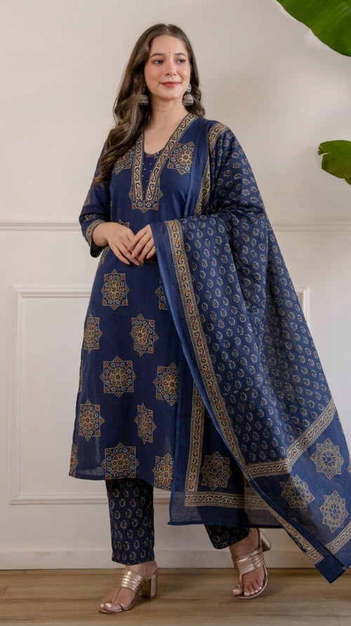 Navy Blue Printed Embroidered Kurta , Pant And Dupatta set.