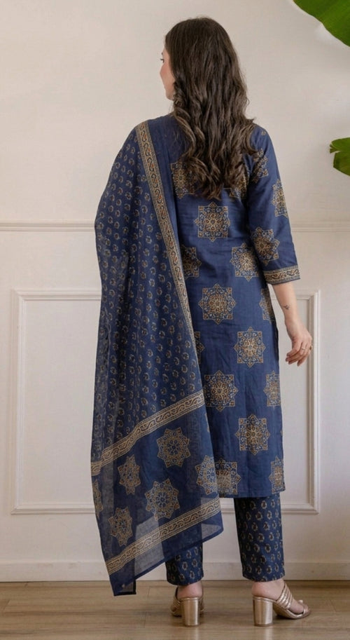 Navy Blue Printed Embroidered Kurta , Pant And Dupatta set.