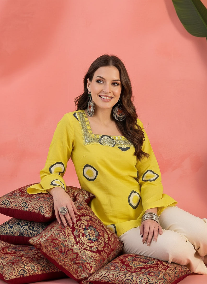Yellow Printed Square-Neck Pure Cotton Short Kurti.