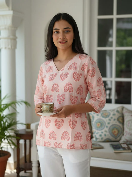 Pink Heart Motif Printed Pure Cotton Short Kurti.