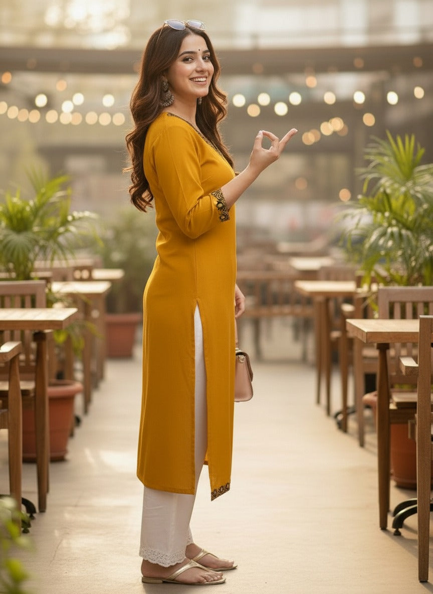 Yellow Solid Embroidered Pure Cotton Straight Kurta