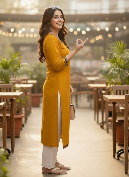 Yellow Solid Embroidered Pure Cotton Straight Kurta