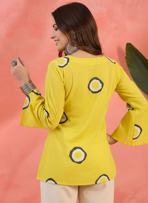 Yellow Printed Square-Neck Pure Cotton Short Kurti.