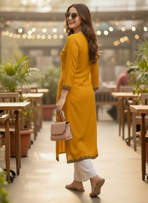 Yellow Solid Embroidered Pure Cotton Straight Kurta