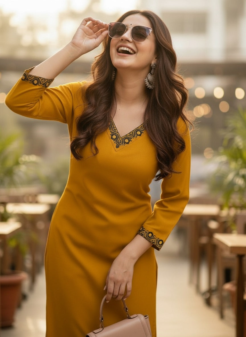 Yellow Solid Embroidered Pure Cotton Straight Kurta