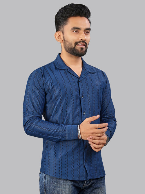 Royal Blue zig zag Textured Full Sleeves Casual Shirt