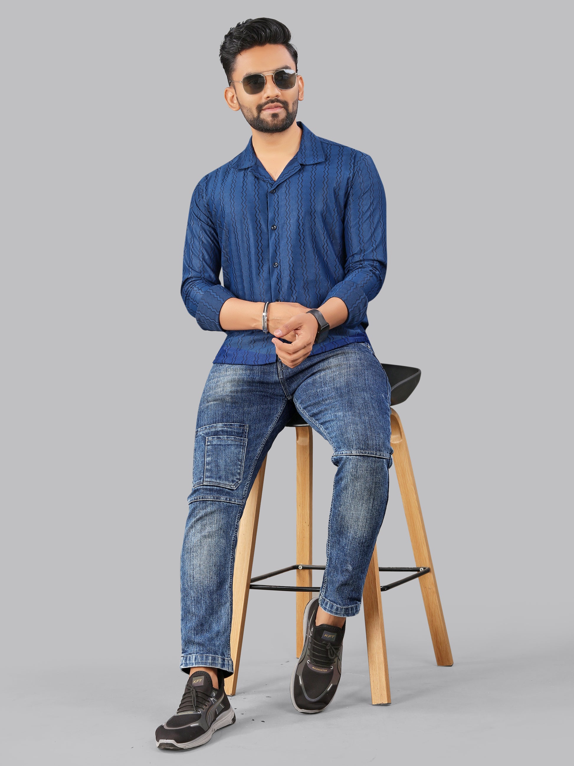 Royal Blue zig zag Textured Full Sleeves Casual Shirt