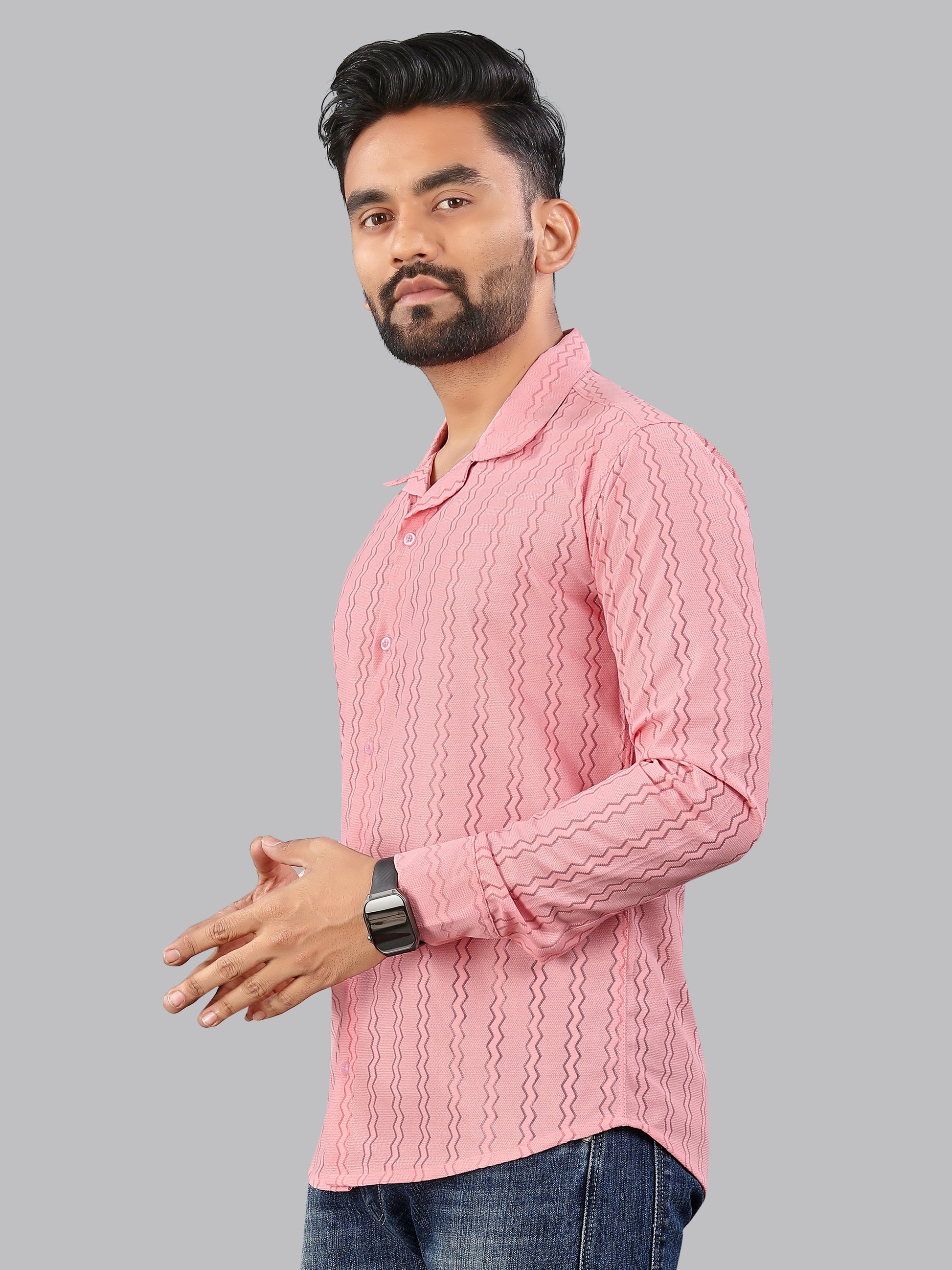 Pink Zig zag Textured Full Sleeves Casual Shirt