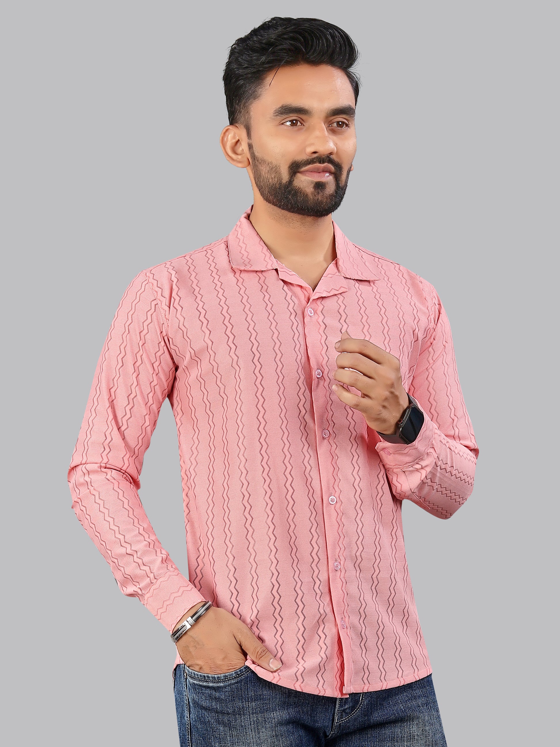 Pink Zig zag Textured Full Sleeves Casual Shirt