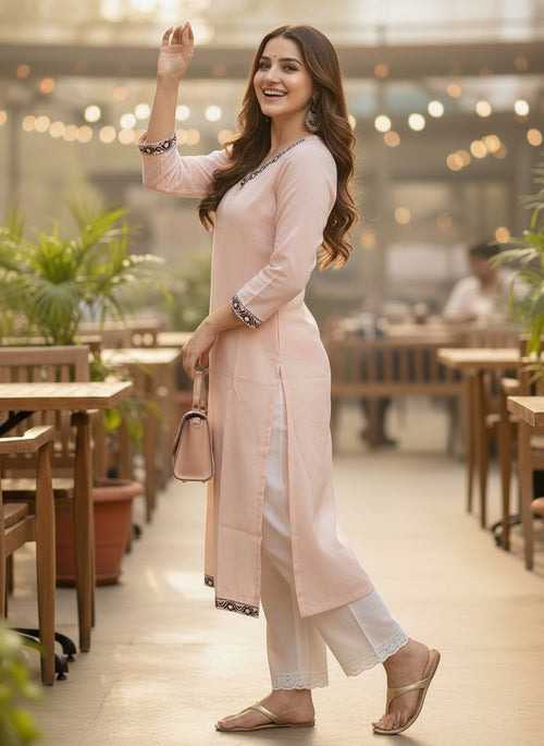 Peach Solid Embroidered Pure Cotton Straight Kurta