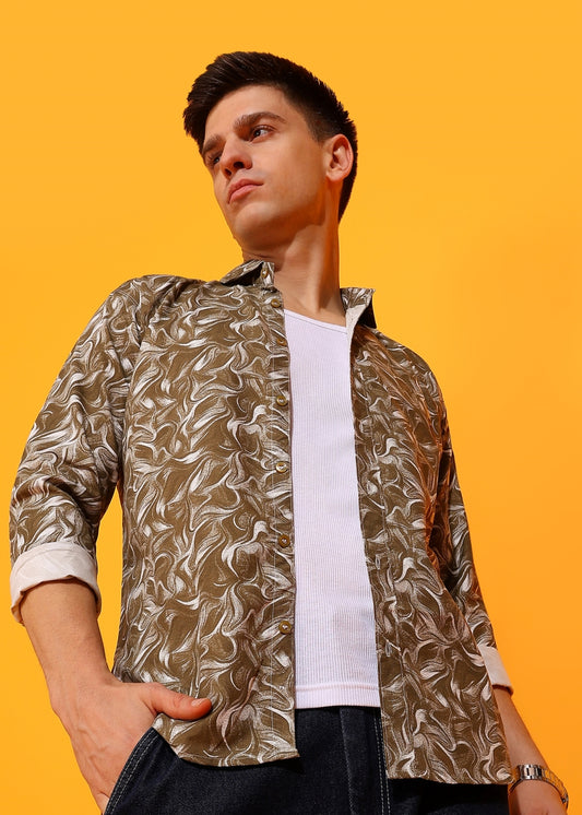 Graphic Printed Brown Full Sleeves Shirt For Men