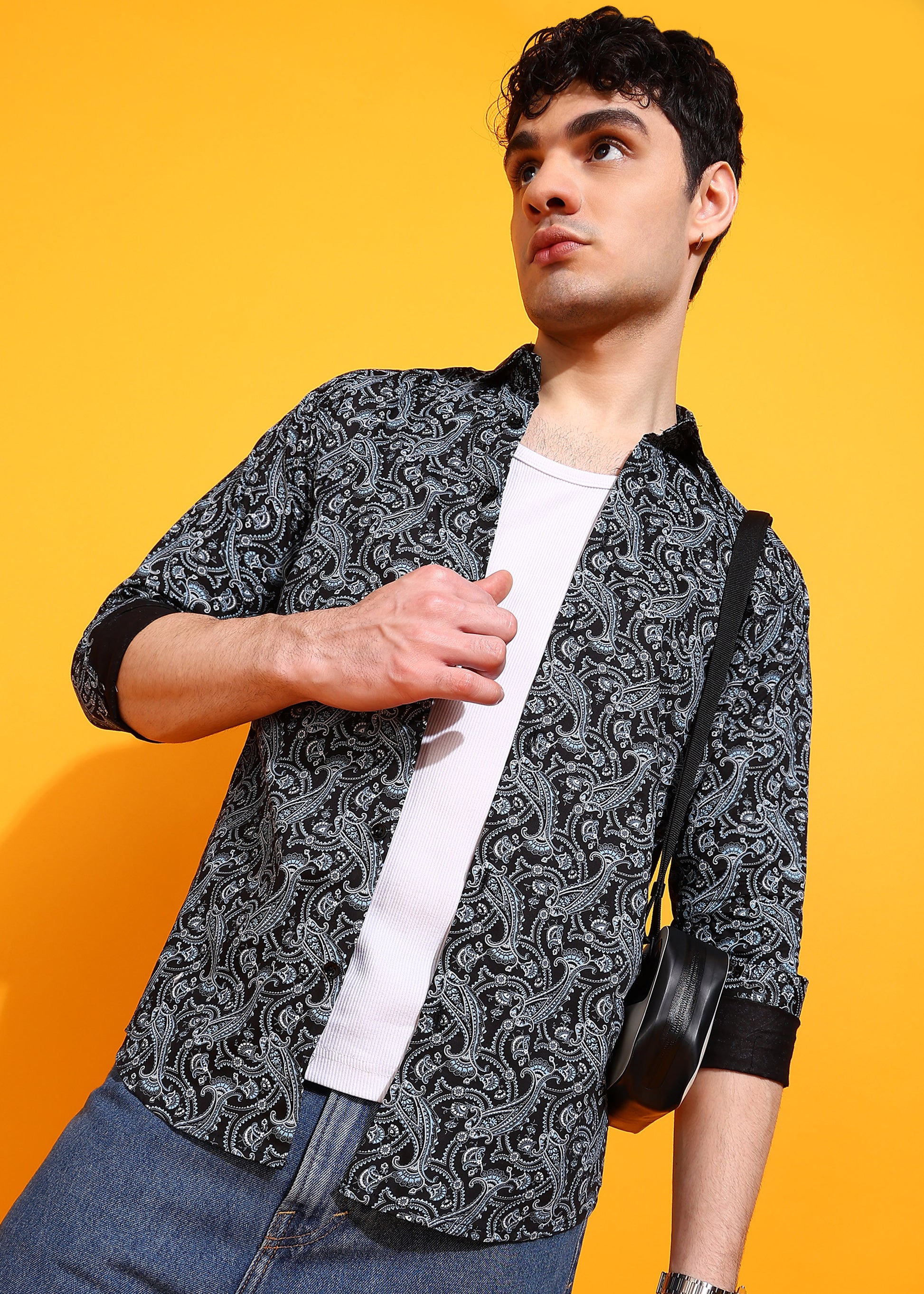 Black Ethnic motif Printed  Casual Shirt For Men
