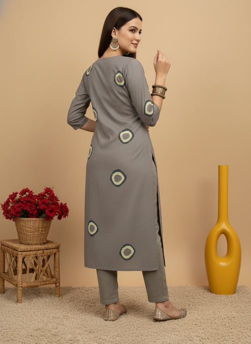 Gray Printed Embroidered Pure Cotton Straight Kurta.