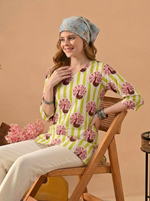 Peacock Print Green & White  Pure Cotton Short Kurti.