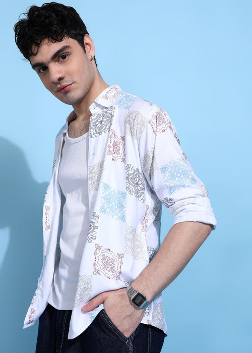 Damask Abstract Print White Shirt