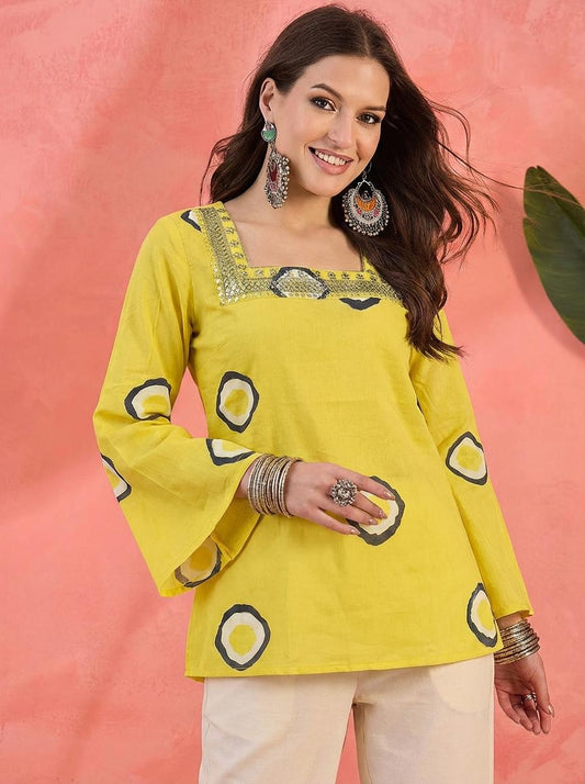 Yellow Printed Square-Neck Pure Cotton Short Kurti.