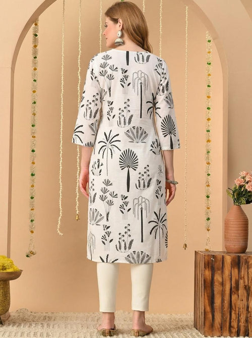 White Printed Embroidered Pure Cotton Straight Kurta.