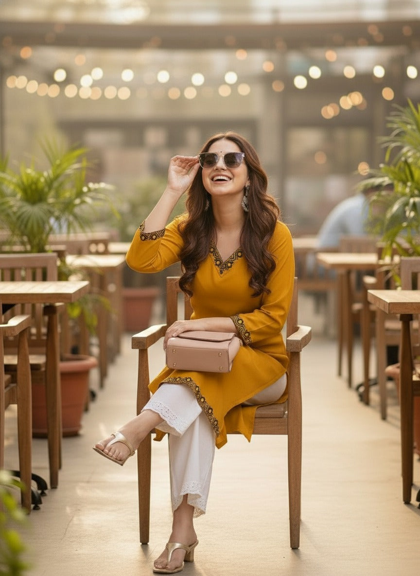 Yellow Solid Embroidered Pure Cotton Straight Kurta
