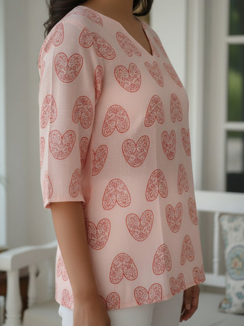 Pink Heart Motif Printed Pure Cotton Short Kurti.