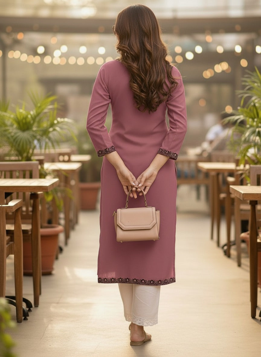 Mauve Solid Embroidered Pure Cotton Straight Kurta