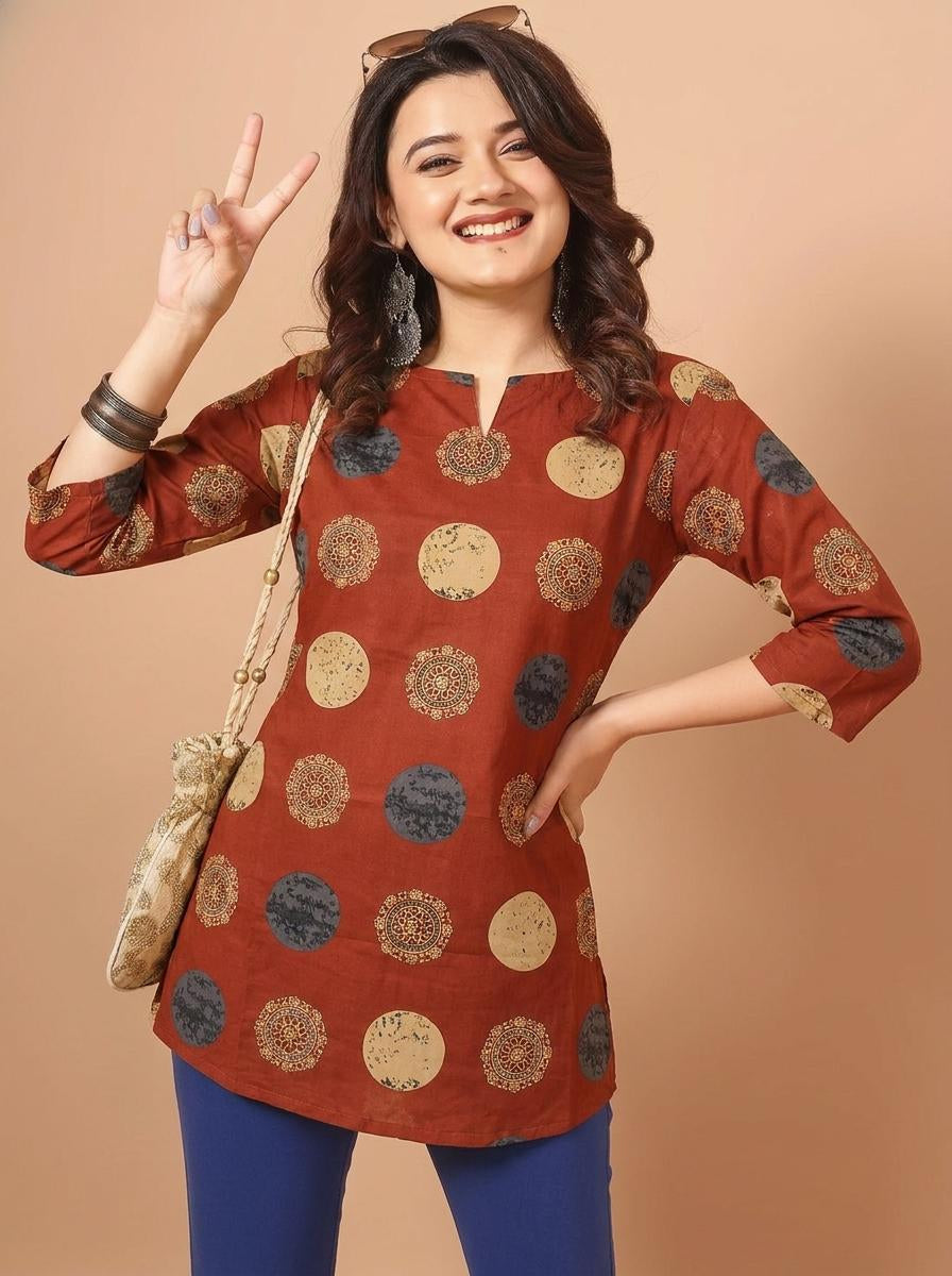 Mandala Printed Brown Pure Cotton Short Kurti.