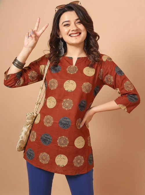 Mandala Printed Brown Pure Cotton Short Kurti.