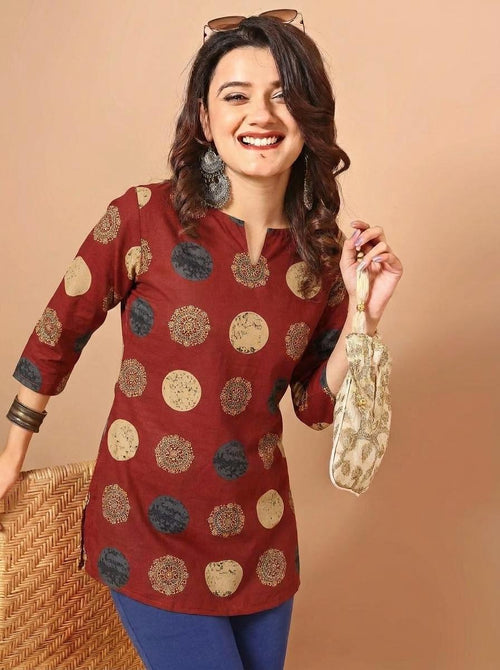Mandala Printed Brown Pure Cotton Short Kurti.