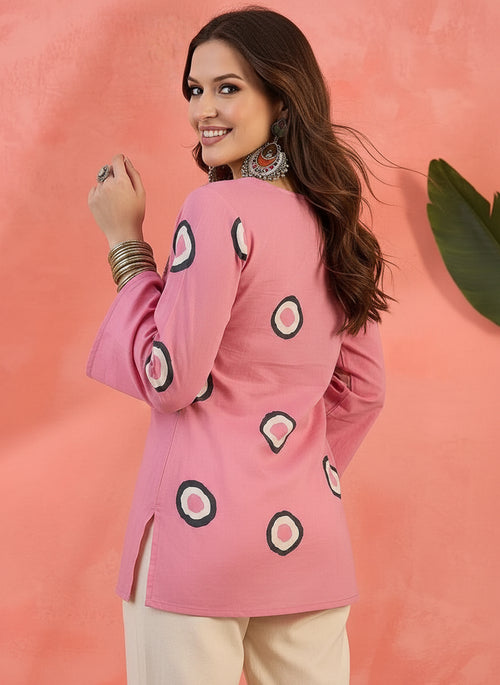Pink Printed Square-Neck Pure Cotton Short Kurti.
