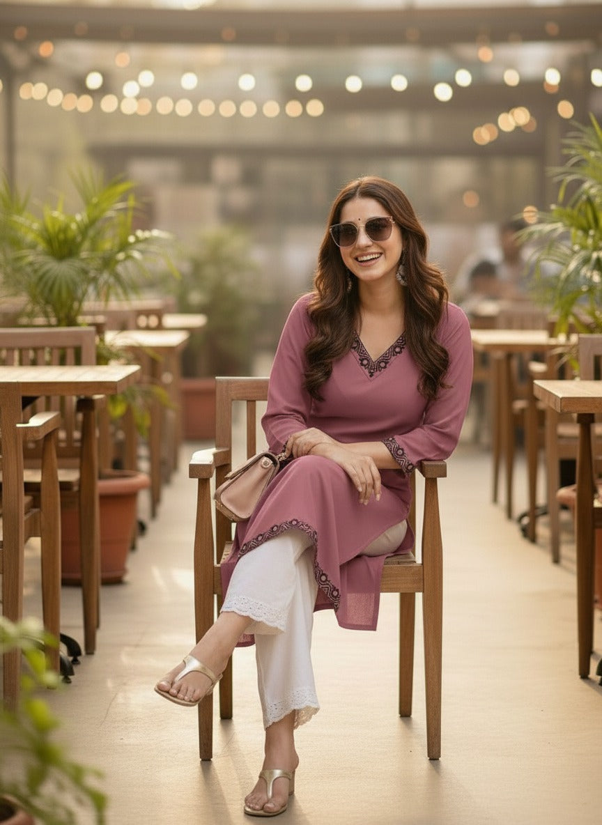 Mauve Solid Embroidered Pure Cotton Straight Kurta
