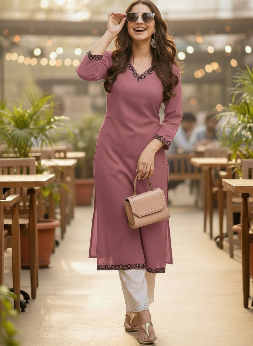 Mauve Solid Embroidered Pure Cotton Straight Kurta