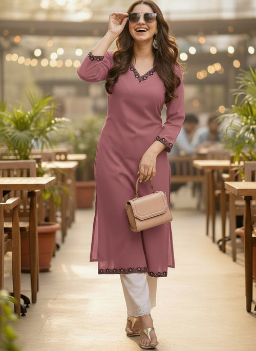 Mauve Solid Embroidered Pure Cotton Straight Kurta