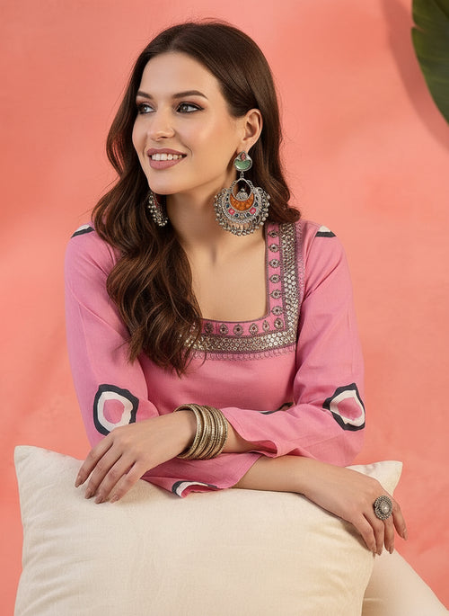 Pink Printed Square-Neck Pure Cotton Short Kurti.