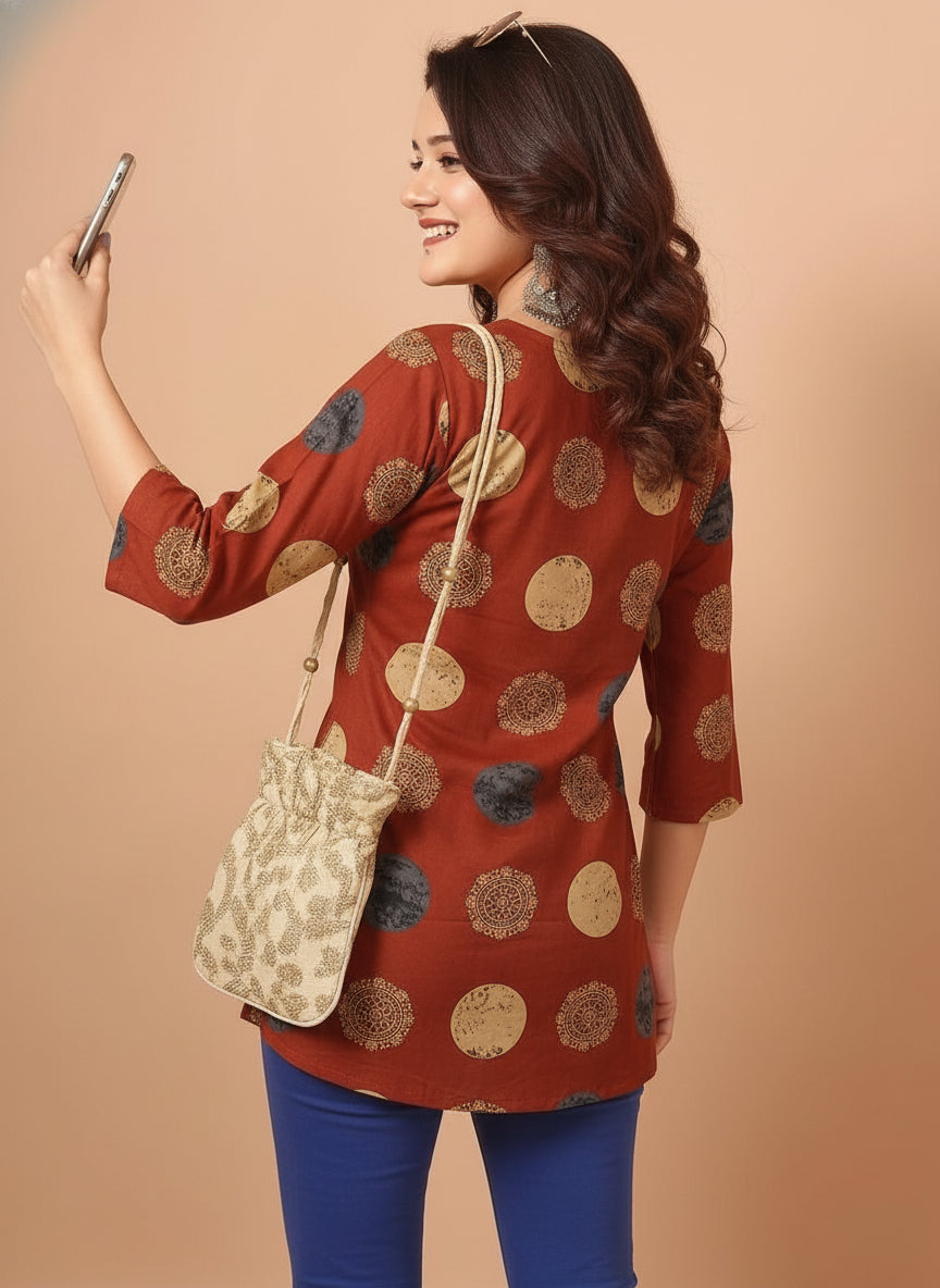 Mandala Printed Brown Pure Cotton Short Kurti.