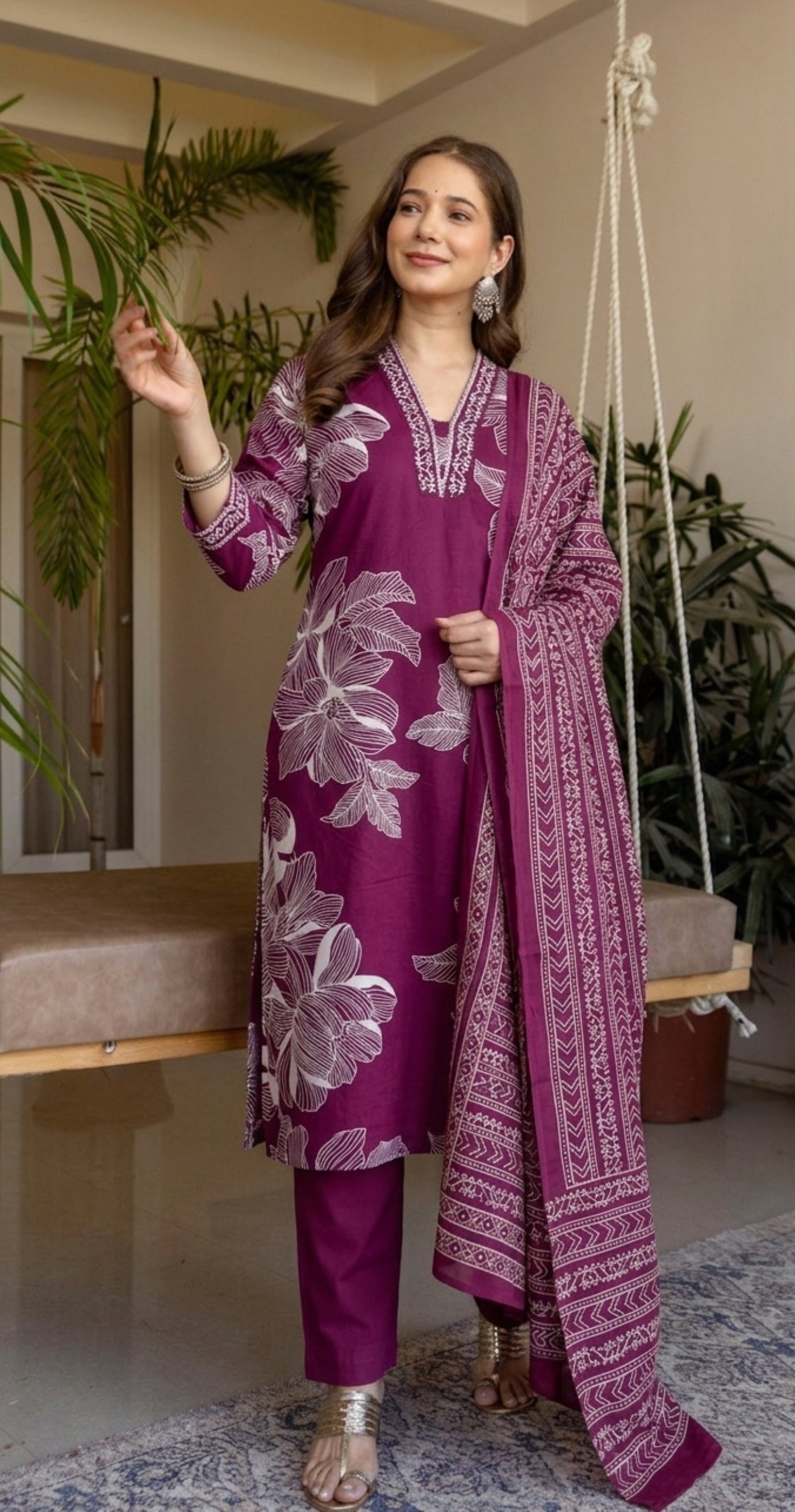 Purple Printed Embroidered Kurta , Pant And Dupatta set.