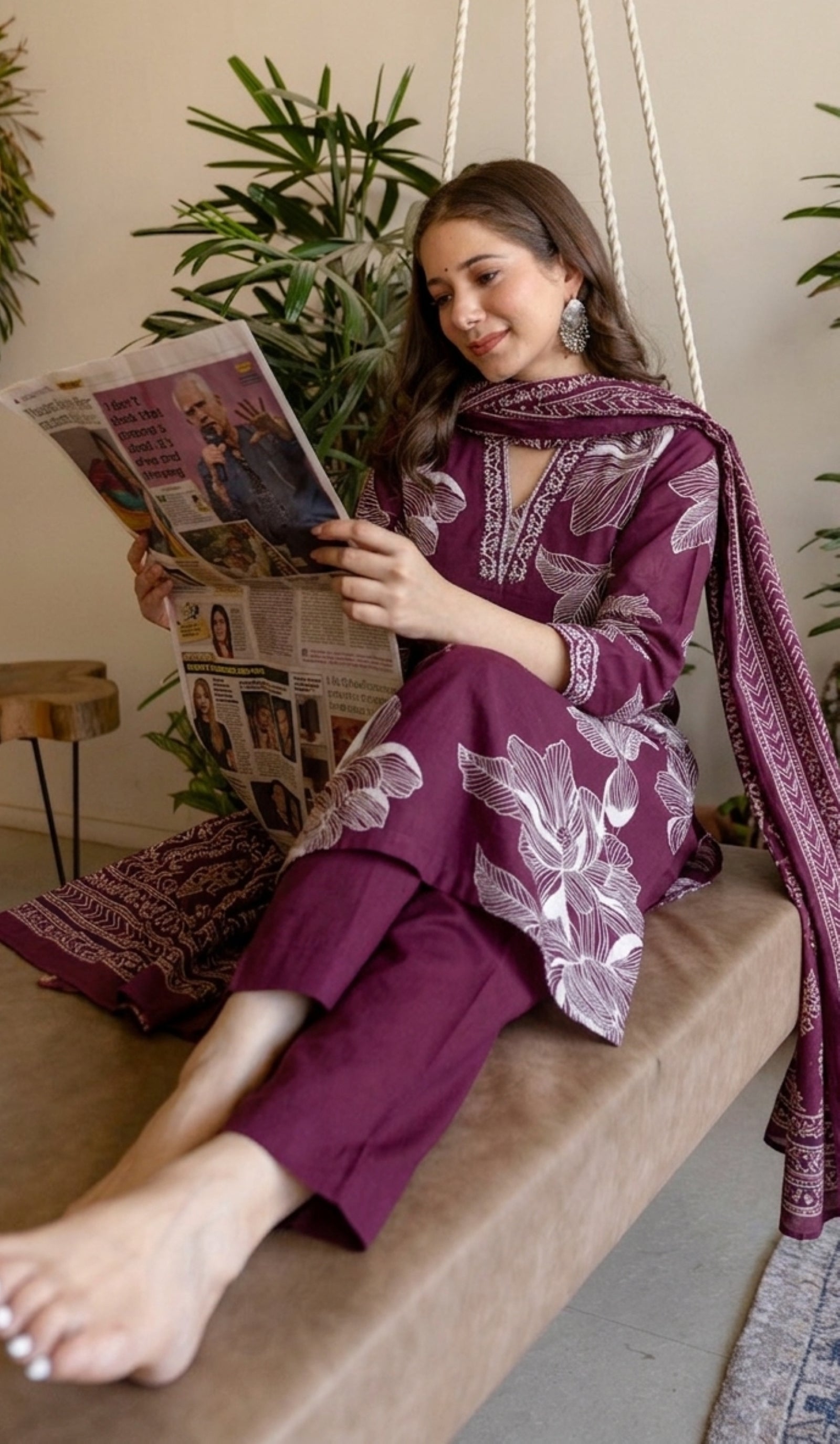 Purple Printed Embroidered Kurta , Pant And Dupatta set.