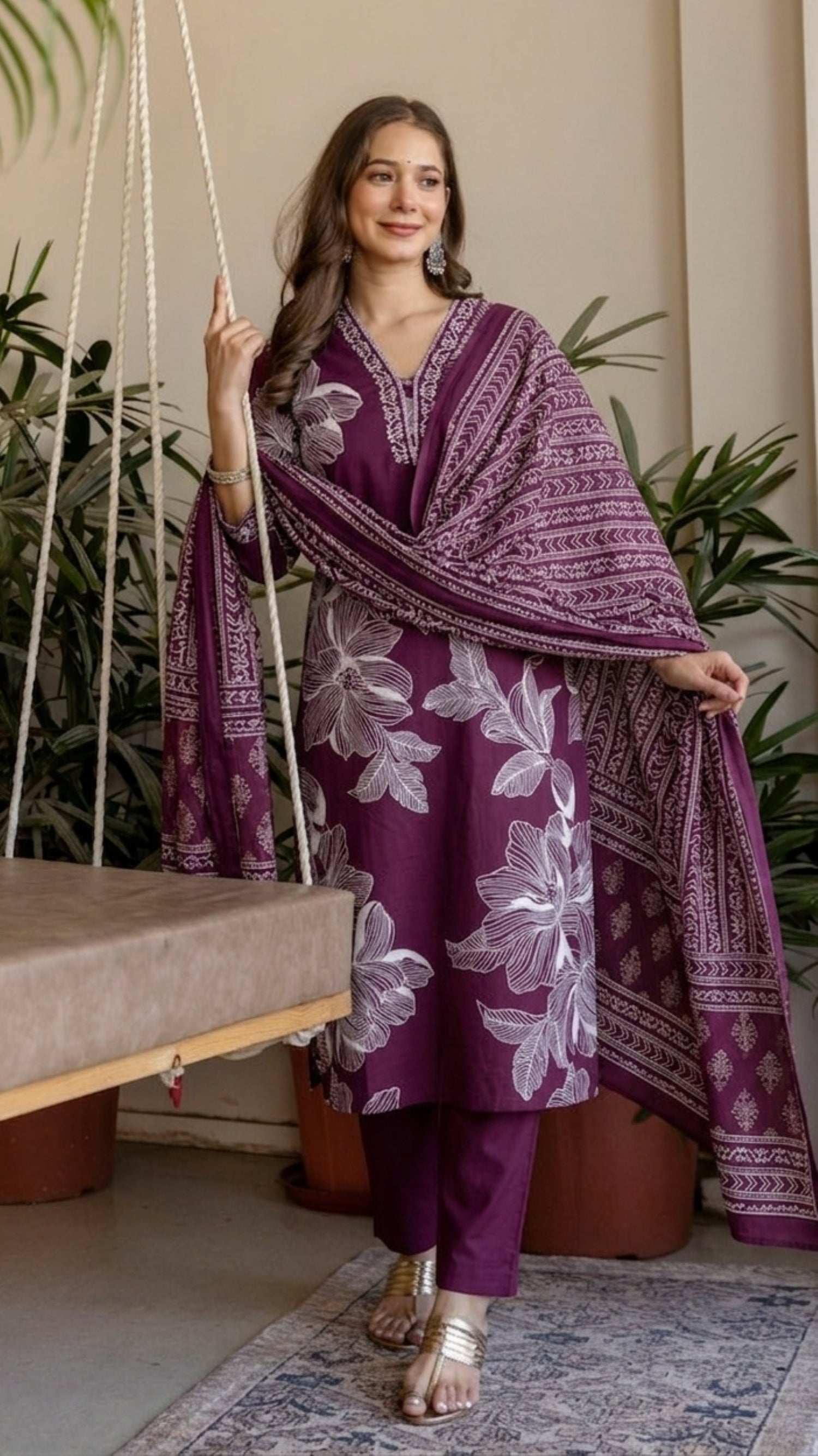 Purple Printed Embroidered Kurta , Pant And Dupatta set.