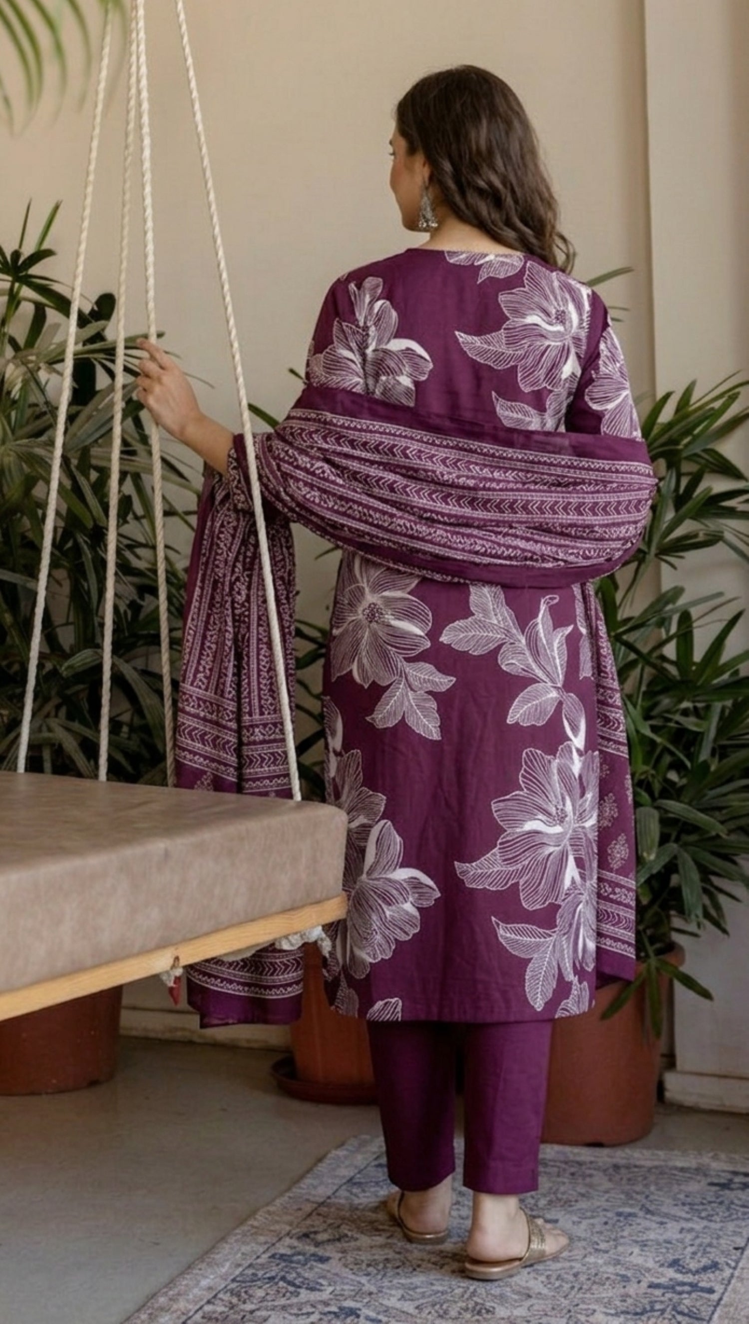 Purple Printed Embroidered Kurta , Pant And Dupatta set.