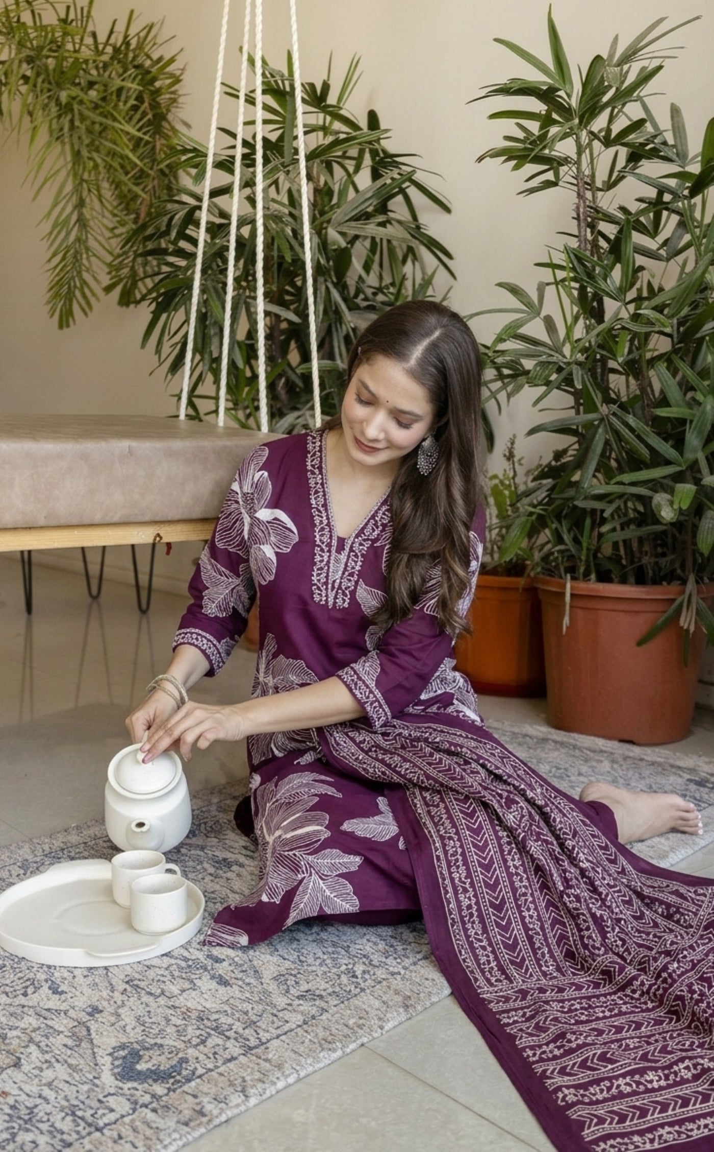 Purple Printed Embroidered Kurta , Pant And Dupatta set.