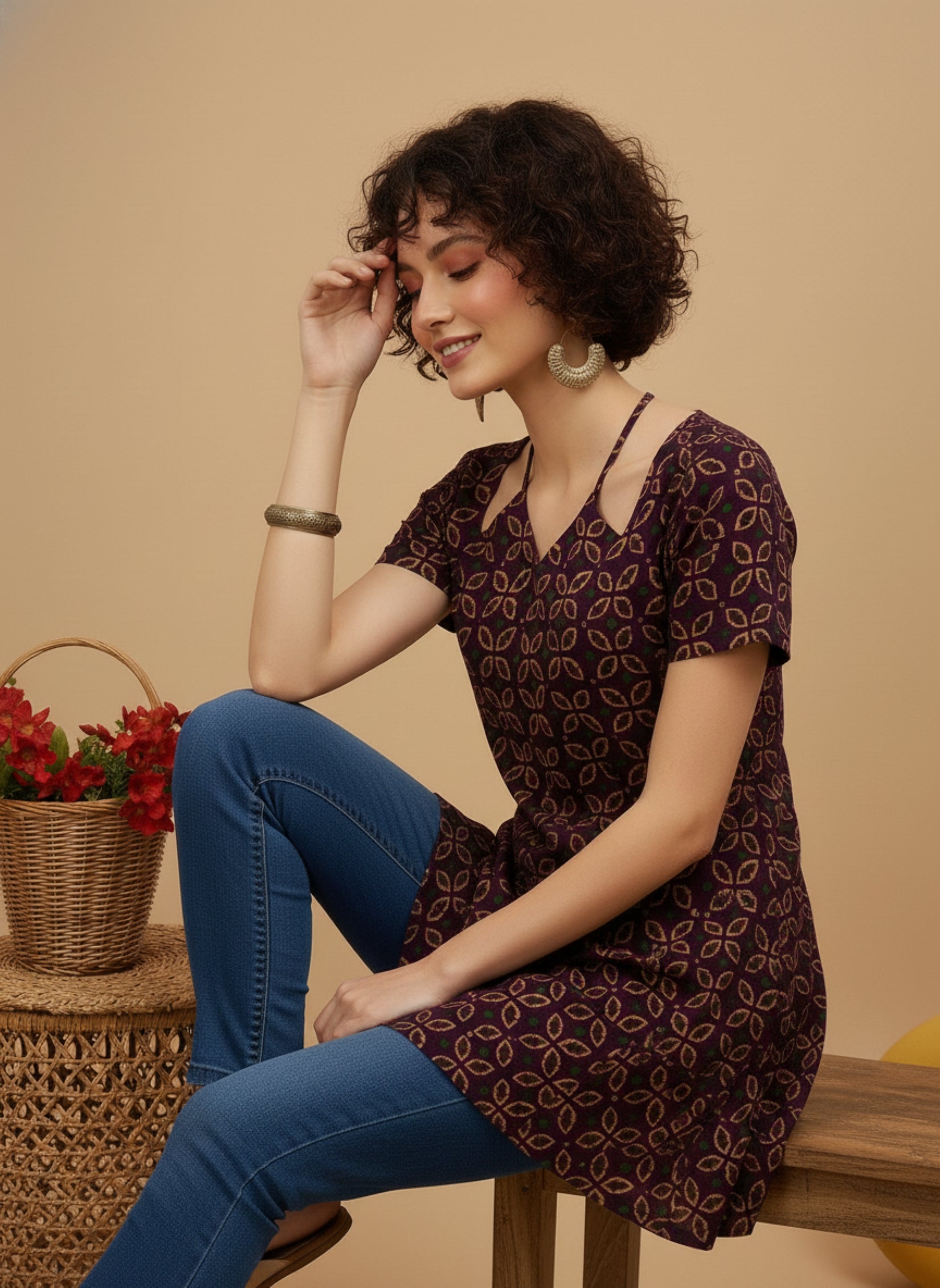 Wine Purple Geometric Printed Pure Cotton Short Kurti.