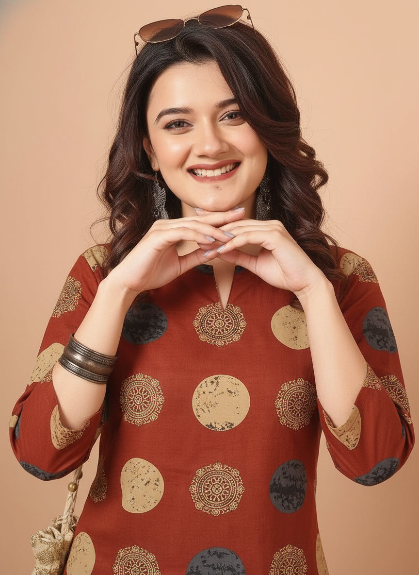 Mandala Printed Brown Pure Cotton Short Kurti.