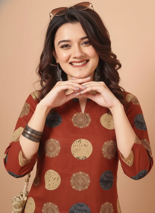 Mandala Printed Brown Pure Cotton Short Kurti.
