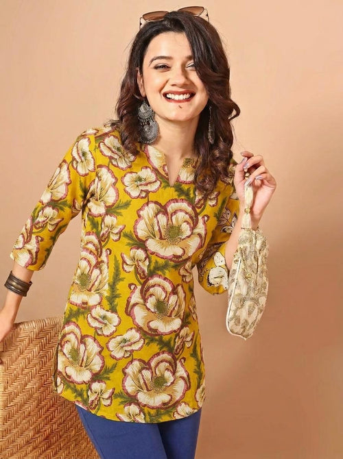 Floral Printed Mustard Pure Cotton Short Kurti.