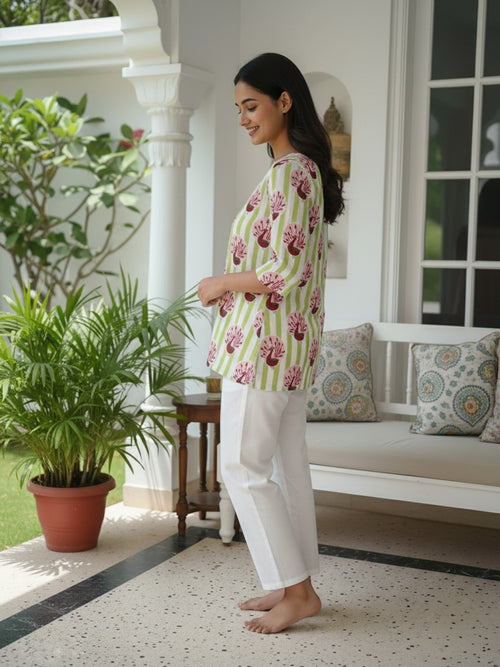 Peacock Print Green & White  Pure Cotton Short Kurti.