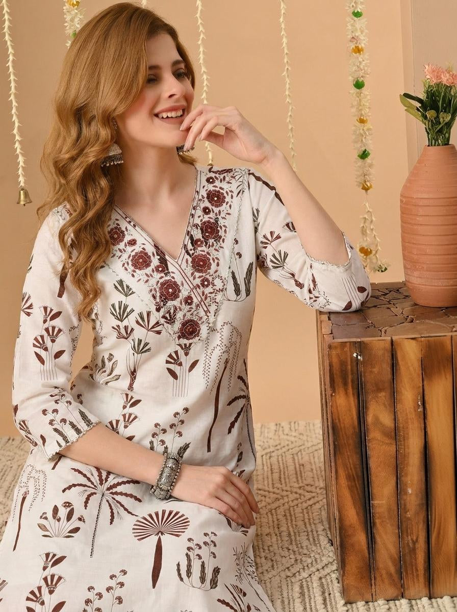 White Printed Embroidered Pure Cotton Straight Kurta.