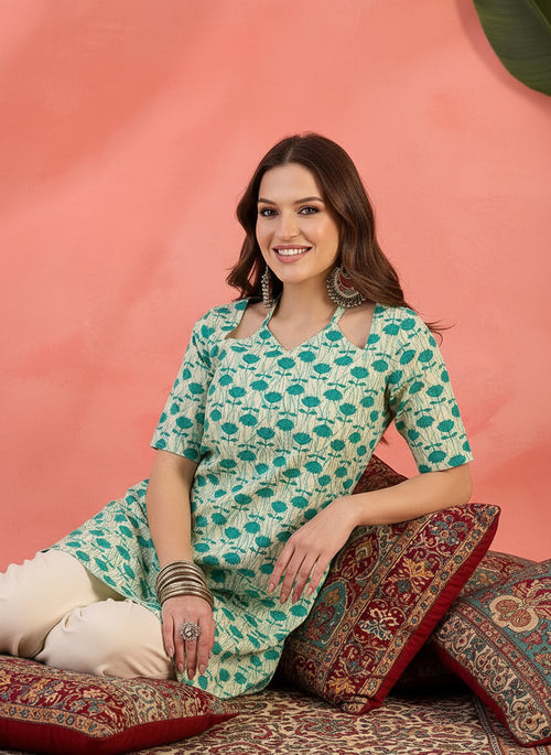 Tea-Green Floral Printed Pure Cotton Short Kurti.
