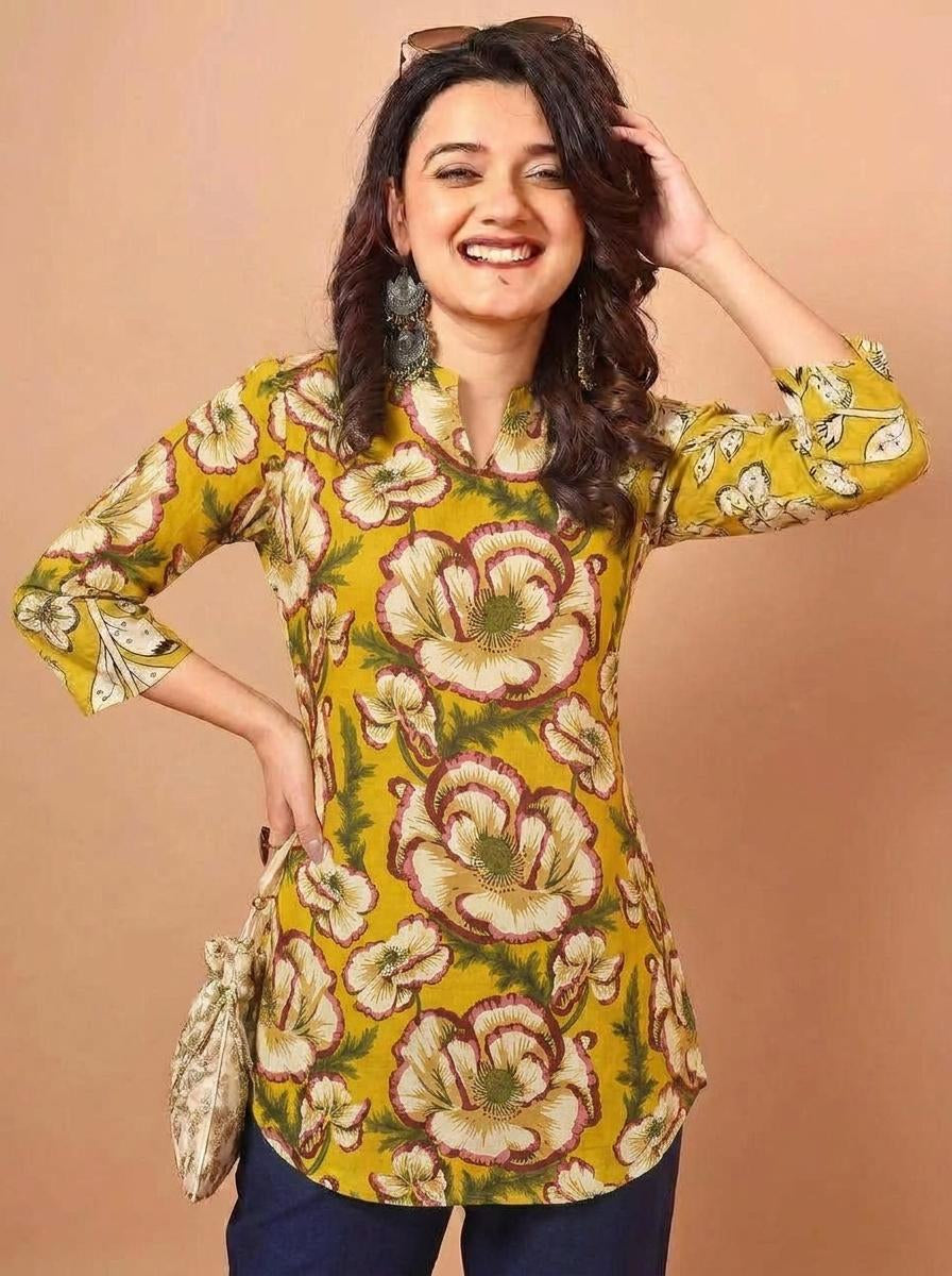 Floral Printed Mustard Pure Cotton Short Kurti.