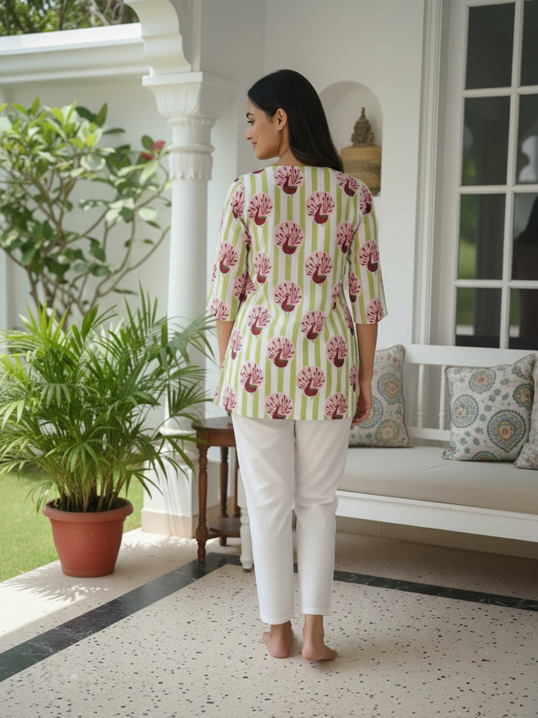Peacock Print Green & White  Pure Cotton Short Kurti.