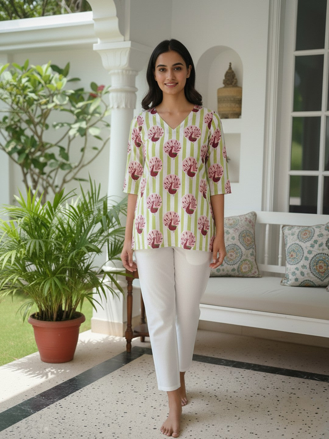 Peacock Print Green & White  Pure Cotton Short Kurti.