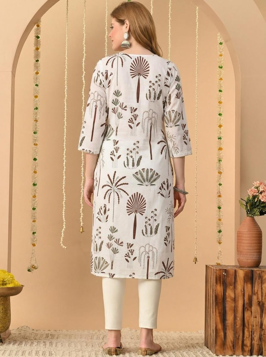 White Printed Embroidered Pure Cotton Straight Kurta.