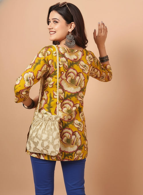 Floral Printed Mustard Pure Cotton Short Kurti.